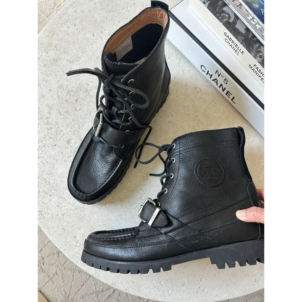 Mens Polo Ralph Lauren Ranger Boots Tumbled Leather Buckle Moc Toe Lug Sole 10.5